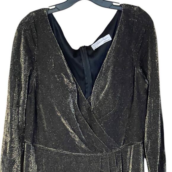 Mac Duggal Size 16 NEW Black Gold Long Sleeve Faux Wrap A Line Gown 49088 NWT - Picture 6 of 11